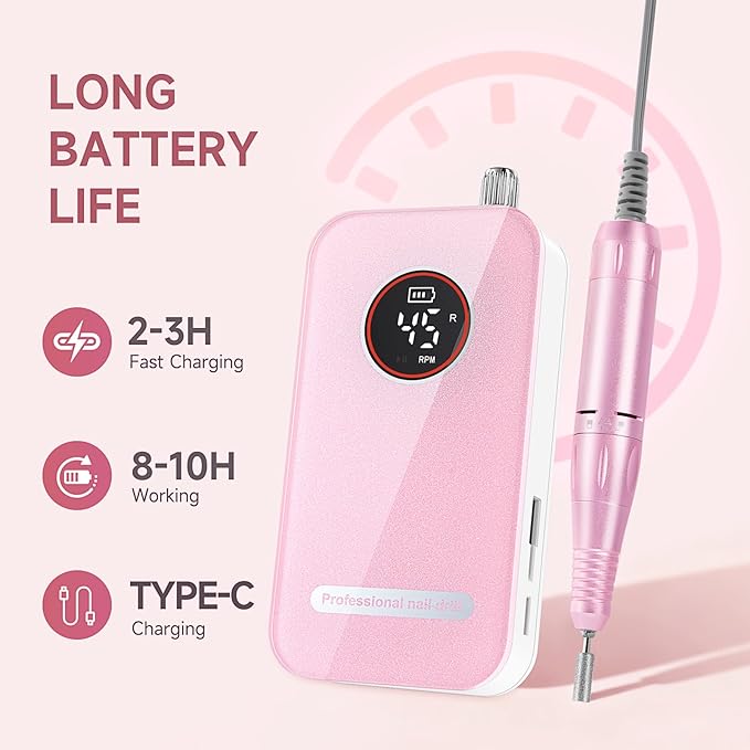Professional Nail Drill Electric File 45000RPM, Portable Rechargeable Electric Nail File with 11 Drill Bits & 50 Sanding Bands, Low Noise Nail Drill Kit for Acrylic Gel Nails, Salon & Home Use, Pink