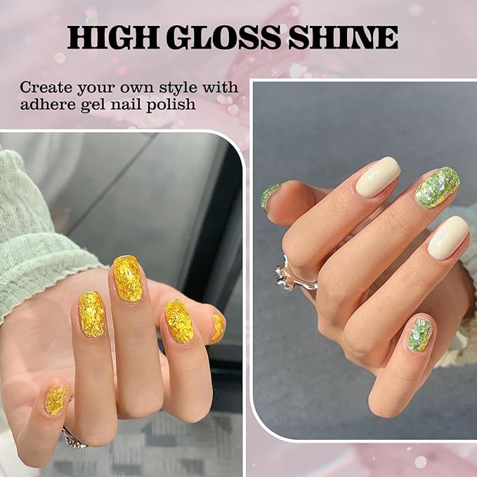 ADHERE Glitter Sequins Gel Nail Polish Set, 7 Colors Holographic Sparkle Sequins Gel Polish with Brush,Silver Champagne Gold Manicure Diy Nail Art Soak Off UV LED for Home Salon