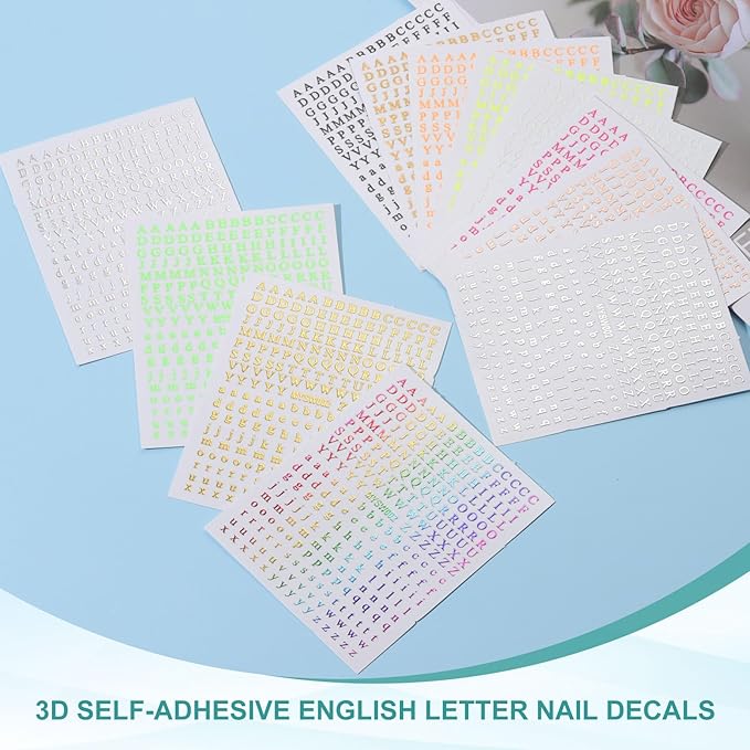 PATIKIL Letter Nail Stickers, 8 Sheet 3D Self-Adhesive English Letter Nail Decals Small Alphabet Art Sticker Metallic Fluorescence Design Manicure for Women DIY Decor, Gold