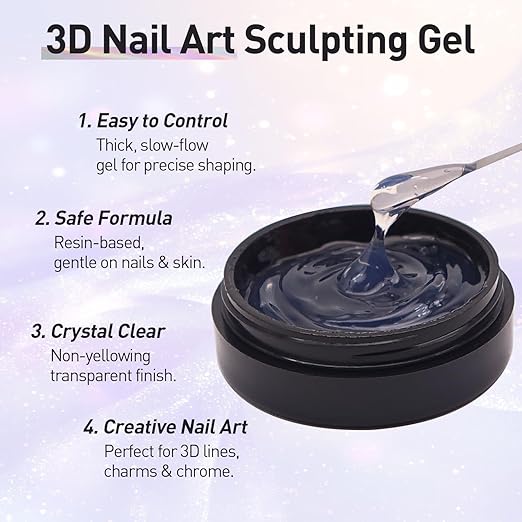 3D Nail Sculpting Gel 20g– Professional Carving & Shaping Gel for Nail Art, Rhinestones & Charms, Compatible with Chrome Powder Effects, Long-Lasting UV/LED Cure Formula