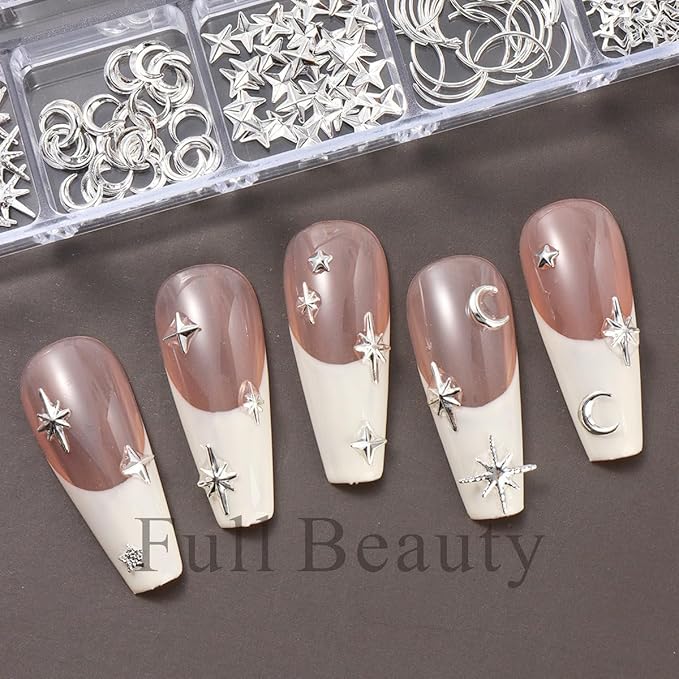 Silver Star Moon Nail Charms Nail Art Kit with 30 Sheets Silver Nail Art Stickers 3D Self-Adhesive SIlver Nail Decals Nail Supplies for Women Acrylic Nail DIY Manicure Kit with tweezer,Pick up Pencil