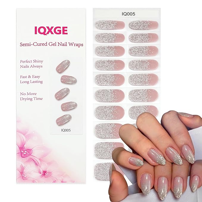 Pink Semi Cured Gel Nail Strips 20Pcs Glitter UV Gel Nail Stickers Glossy Nails Polish Strips UV/LED Light Needed Self Adhesive Full Polish Nails Wraps for Women