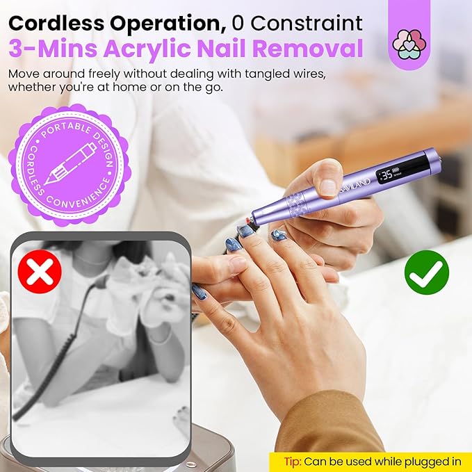 SAVILAND Electric Nail Drill: 35000RPM Cordless Electric Nail File Portable Nail Drill Professional 0 Vibration Hight Speed for 3 Mins Removal Acrylic for Manicure Pedicure Nail Salon at Home（Purple）