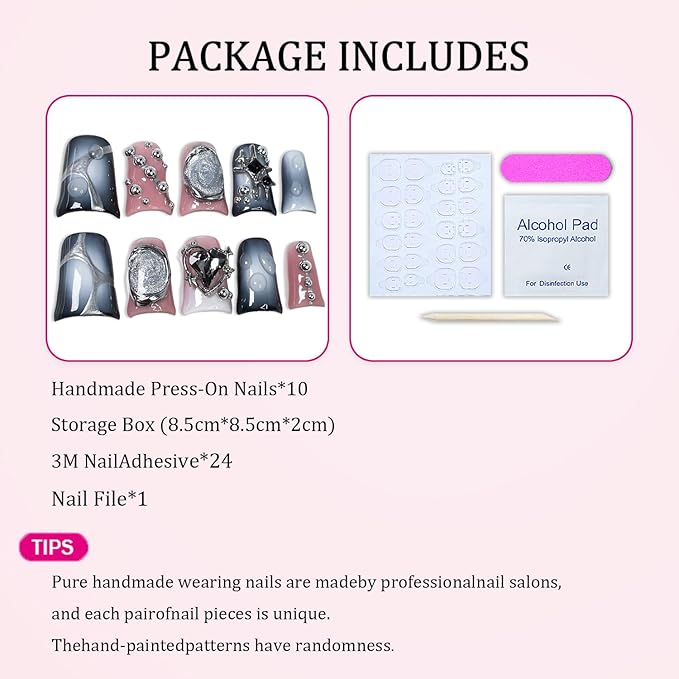 Handmade Press on Nails Luxury 3D Metal Steel Ball & Heart Embossed Fake Nails Designs Black Gray Gradient Acrylic Nail Full Cover Short Duck Shape False Nail Stick on Nails for Women（M)