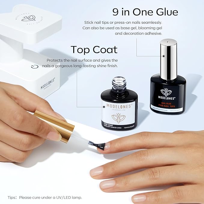 modelones Gel Nail Glue 9 in One Base Gel and No Wipe Top Coat Set 2Pcs for Gel Nail Polish Adhesive Nail Extension Gel Rhinestone Glue Nail Art LED Need 15ml