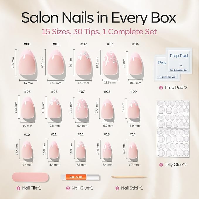 Modelones French Tip Press on Nails Almond, Short Almond Fake Nails, Semi-Transparent Soft Nail Kit with Nail Glue Adhesive Tabs Nail File, Spring Nails Press Ons 30Pcs 15 Sizes, Pink Flower