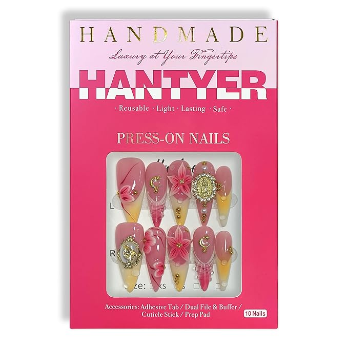 Pink Ombre French Press on Nails with 3D Floral Carving, Gold Statue Charms, Long Stiletto Glossy Iced Baroque Fake Nails, Reusable Elegant False Nails for Women Wedding Ball Party (Size L)