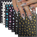 14 Sheets Star Nail Art Stickers, 7 Colors 3D Self-Adhesive Nail Decals with Gold Silver Black White Blue Pink Holographic Stars, 4th of July DIY Manicure Accessories for Women & Girls