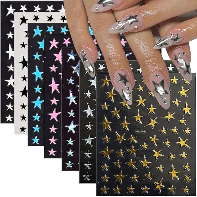 14 Sheets Star Nail Art Stickers, 7 Colors 3D Self-Adhesive Nail Decals with Gold Silver Black White Blue Pink Holographic Stars, 4th of July DIY Manicure Accessories for Women & Girls