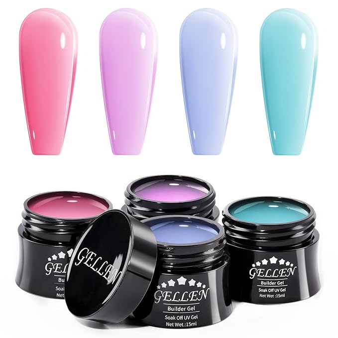 Gellen Builder Gel Kit - Nail Extension Kit with 4 Pastel Colors: Rose, Red, Violet, Blue, Green - Hard Gel Nail Builder, 15ml