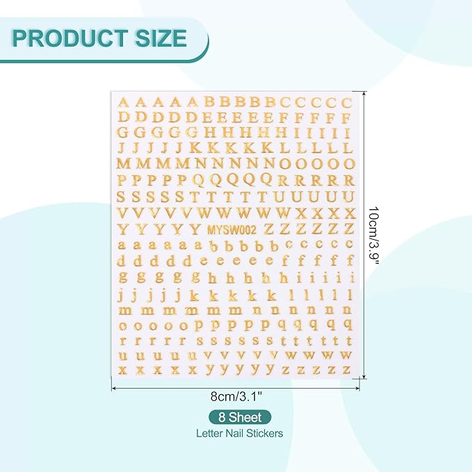 PATIKIL Letter Nail Stickers, 8 Sheet 3D Self-Adhesive English Letter Nail Decals Small Alphabet Art Sticker Metallic Fluorescence Design Manicure for Women DIY Decor, Laser Gold