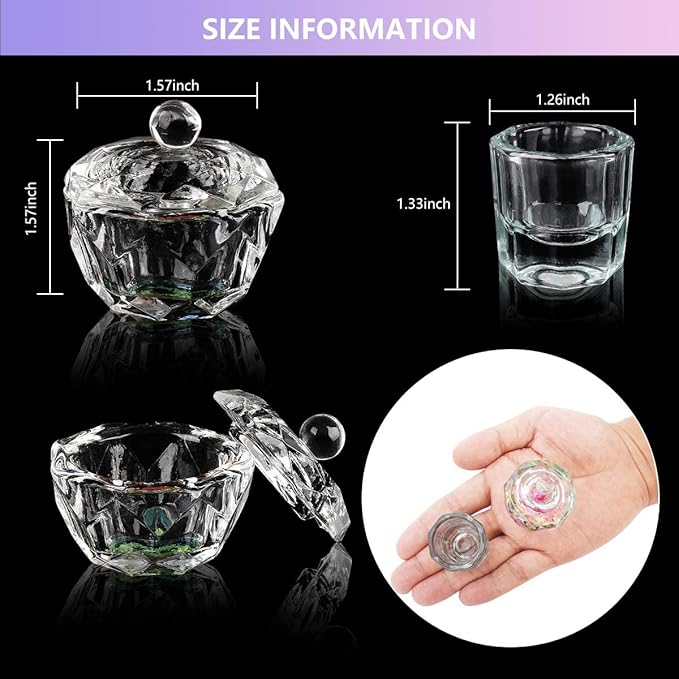 9Pcs Nail Art Brushes Dappen Dish Set for Monomer Acrylic Nail Liquid Powder: 2 Dappen Dish for Acrylics Nails with Lid & 2 Glass Nails Cup Crystal Monomer Dishs & 5 Acrylic Nail Brush
