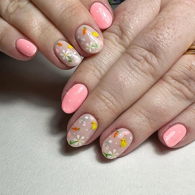 24 Pcs Easter Press on Nails Short Almond Fake Nails with Flower Chick and Carrot Designs Glossy Acrylic Nail Stick on Nails Full Cover Cute Easter False Nails for Women Manicure Art Kit