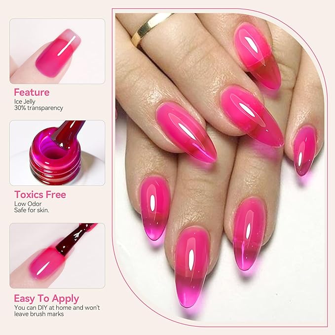BORN PRETTY Jelly Gel Nail Polish Neon Spring Summer Gel Polish,Hot Pink Red Purple Blue Green Yellow 6Colors Translucent Effect,Soak Off U v LED Light Cure Nail Art Kit Salon Manicure and DIY at Home