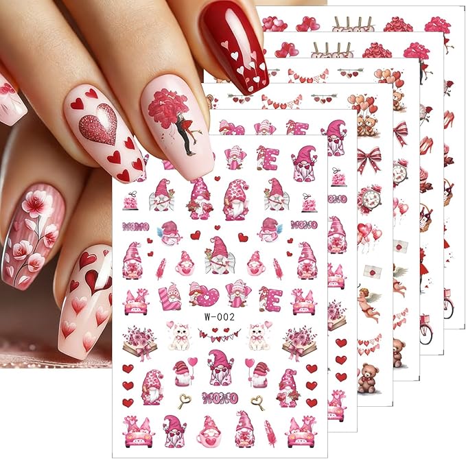 6 Sheets Valentines Day Nail Art Sticker 3D Self-Adhesive Pink Heart Nail Stickers Angel Bear Couple Bow Rose Romantic Design Cute Love Nail Decals Nail Art Supplies for Acrylic Manicure Decorations