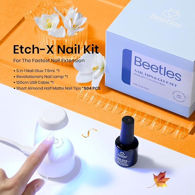 Beetles Gel Nail Kit Etch-X- Almond Short, 504pcs 12 Sizes, with 9 in 1 Nail Glue Mini Lamp, Pre-Etched Half Matte Acrylic Nail Kit for Home DIY Nail Extension Set, Halloween Christmas Gift for Women