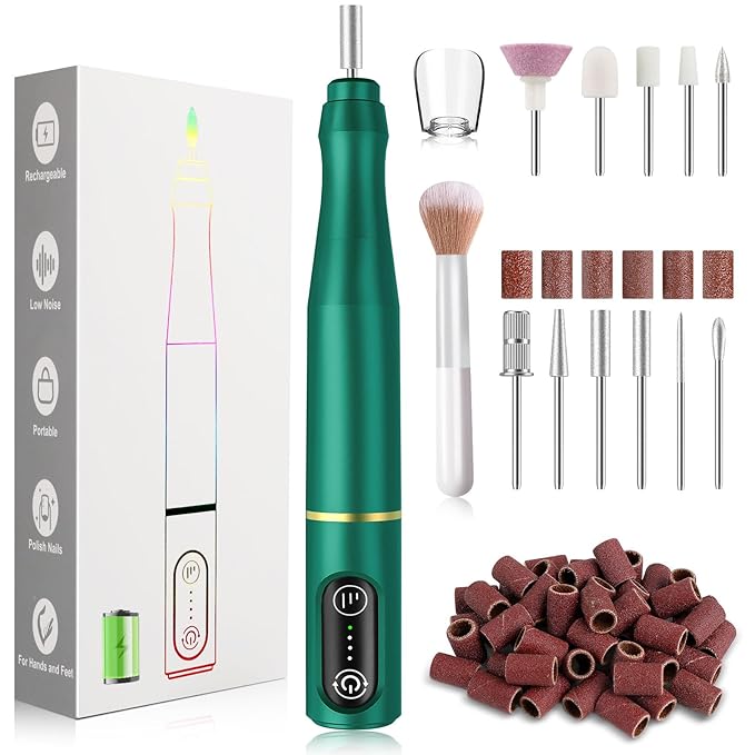 Cordless Nail Drill Electric Rechargeable File Kit, Professional Efile Acrylic Gel Nail Polish Remover Pedicure Manicure Machine Portable Set with 11 Bits 56 Sanding Bands (Blackish Green)