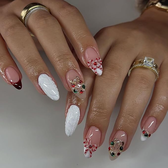 Christmas Press on Nails Medium Almond MABKJLF French Tip Fake Nails False Nails with Bow Pearls Rhinestones Designs Glossy Glue on Nail Winter Full Cover Acrylic Nails for Women Girls 24Pcs