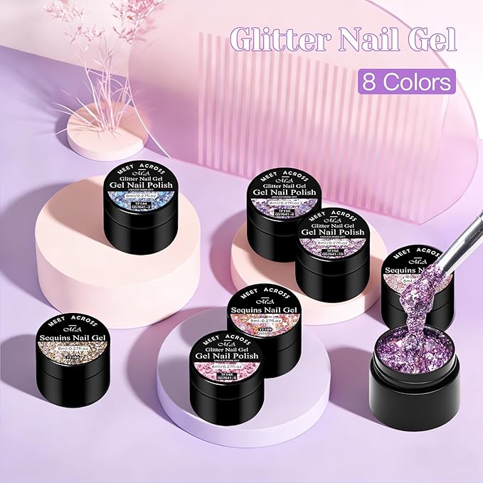 MEET ACROSS 9Pcs Glitter Gel Polish Sequins Gel Nail Polish Kit with 1Pc Nail Brush Shimmer Pink Blue Purple Brown Glitter Nail Polish Kit Holiday Gift Design for Party 8 Colors