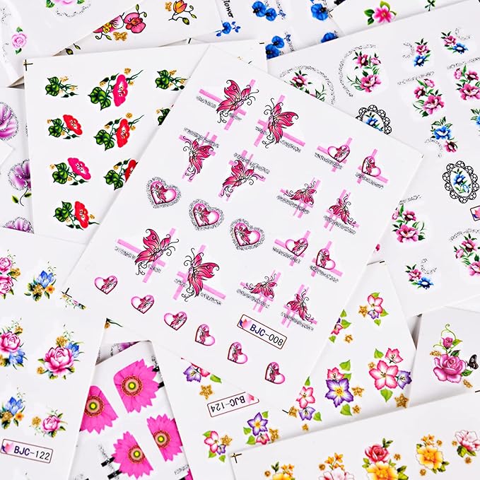 55 Sheets Flowers Nail Art Stickers, Holographic Floral Butterfly Bird Nail Art Decals, Small Flower Water Transfer Nail Decal Designs Supplies for Women Girls Manicure Decorations Nail Sticker Set