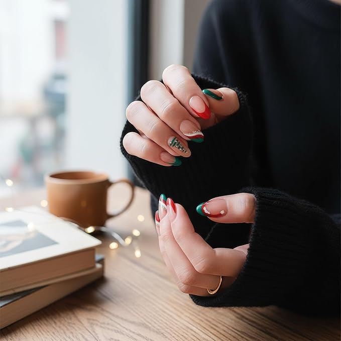 Press On Nails Almond Christmas, French Tip Press on Nails Short, Glue On Nails for Women Gift, Supremely Fit Natural Reusable Stick On Nails in 12 Sizes -24 Fake Nails Kit, Wave Christmas Tree