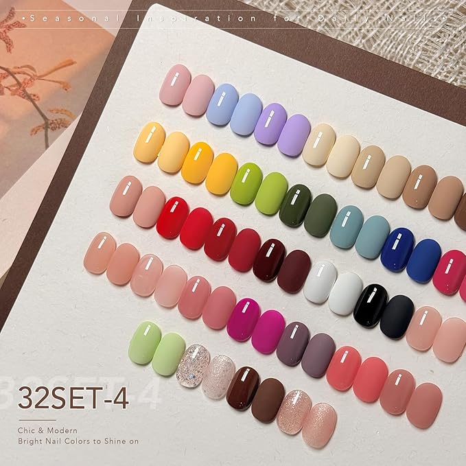 GAOY 36 Pcs Gel Nail Polish Set, 32 Colors All Season Gel Polish Kit Red Black White Nude Brown Glitter with 4 Pcs Soak off Base Glossy Matte Top Coat & Builder for Nail Art DIY Manicure at Home