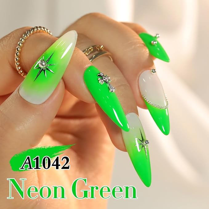 Double Rhythm 0.50 OZ Gel Polish Hema Free Same Color Same Bottle Golden Round Translucent Neutral Natural Milky 15 ML Jelly UV Polish Art DIY at Home (Neon Green-C1042)