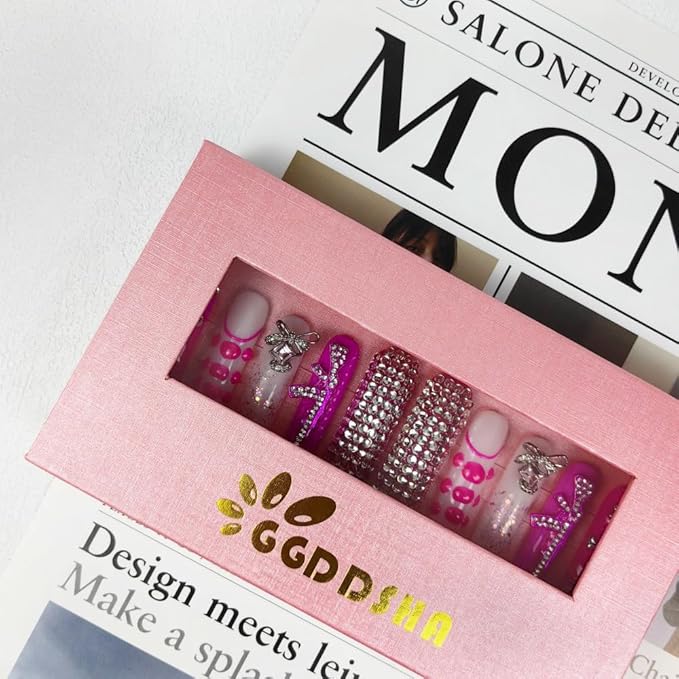 2025 Long Novel Design Pink Tracks Reusable Handmade PMMA Acrylic Press on Nails w/Box Gifts for Women