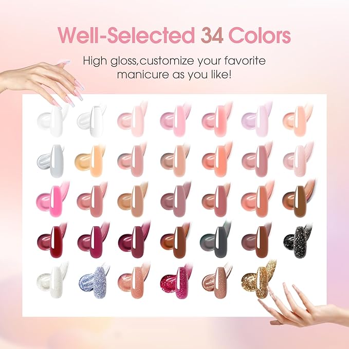 ROSALIND Poly Nail Gel Kit -34 Colors + White Brown Accessories Clear Nude Poly Nails Gel Starter Kit with Mini UV Lamp Slip Solution Nude Pink Extensions Set