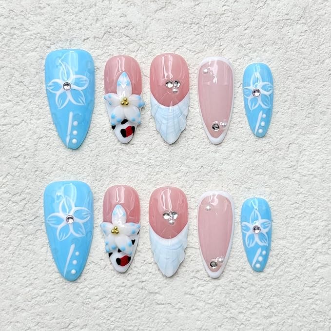 10 Pcs Blue French Almond Handmade Press on Nails with Glue,Luxury False Nails 5D Flower Art Design Muti-Layer Gel False Nails Reusable Thick Nails Handmade Nail for Women(Size S)
