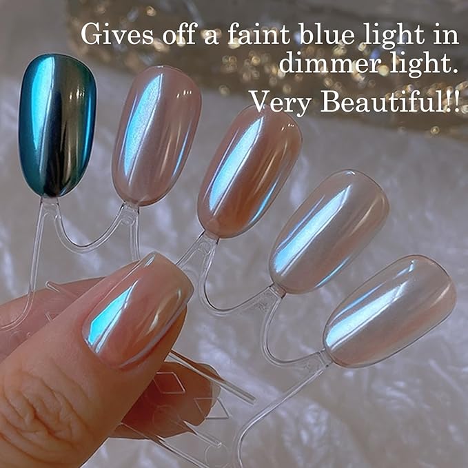 2Pcs White Chrome Nail Powder Clear Blue Glass Effect Super Glossy Glazed Donut Chrome Powder for Nails Art, Pearl Nail Glitter Pigment Dust for Gel Nails Polish Design with Tools