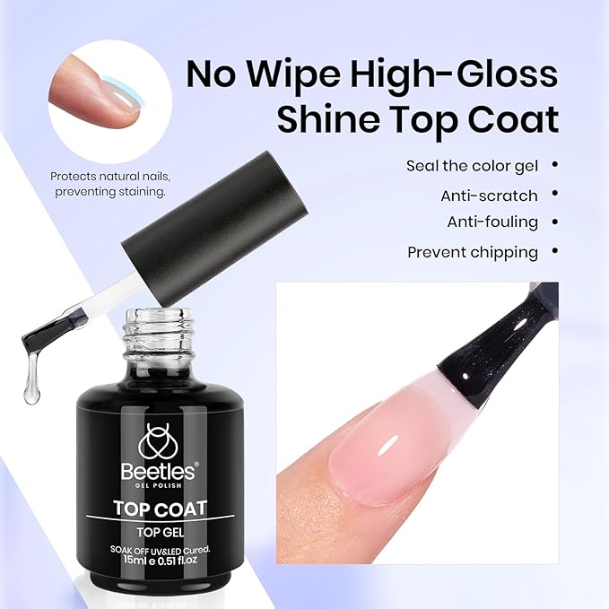 Beetles 3Pcs 15ml Builder Nails Gel with No Wipe Top Coat and Base Coat Set, Nail Extension Strengthening Nail for UV LED Lamp, Soak Off Gel Nail Polish for Nail Art