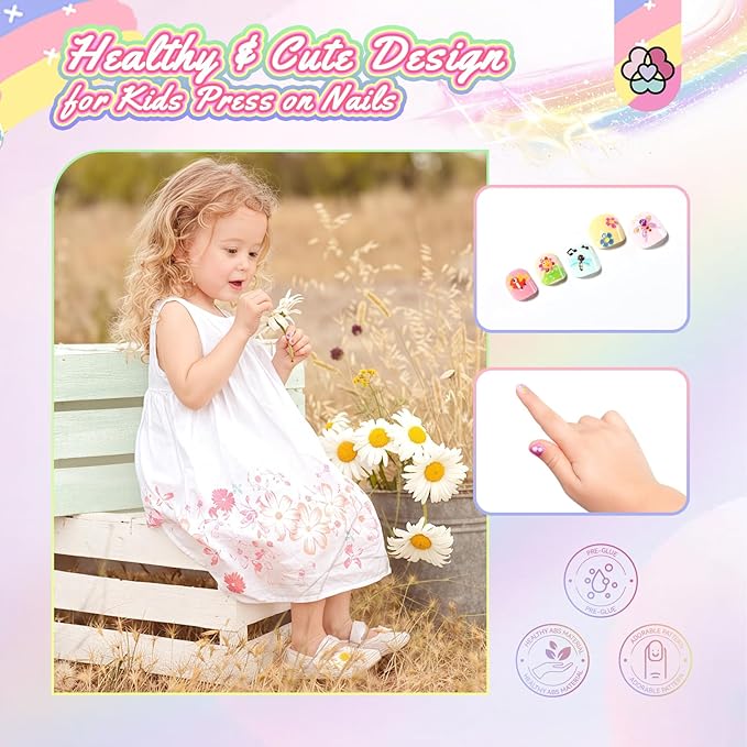 SAVILAND 3D Press on Nails for Kids: 7 Pack Kid Press on Nails for 5-9 Years Pre Glue Full Cover Short Kids Fake Nails Stick On Children Artificial False Nail Tips Fingernails Christmas Gifts for Kid