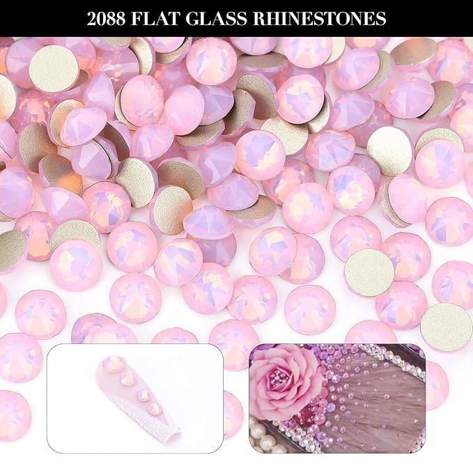 Novani Pink Opal Rhinestones 1440pcs Flat Back Round Rhinestone Style 2088 Sparkly Crystal Gemstones for Nail Art and Crafting SS20,4.6-4.8mm