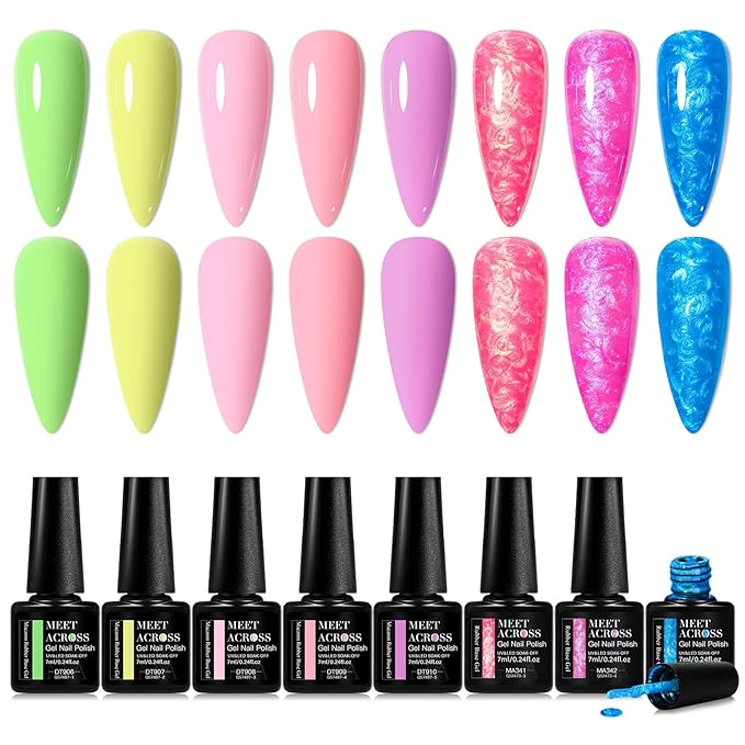 MEET ACROSS Builder Gel Nail Polish 12 Pcs Macaron Rubber Base Gel Polish 3 in 1 Pastel Pink Purple Green Strengthener Swirl Thread Effect Blue Red Soak Off U V Nail Art DIY