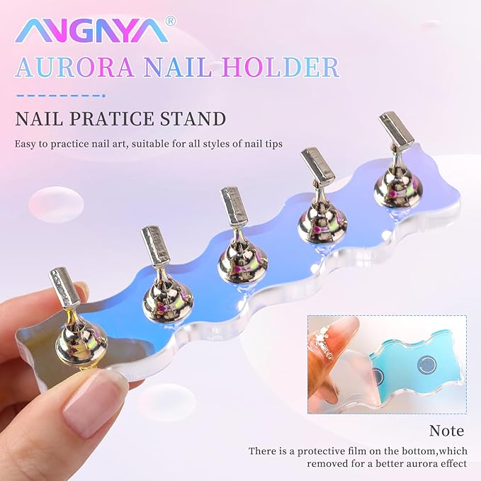ANGNYA Nail Stand for Press on,2 Set Aurora Nail Holder for Painting Nails Press on Nail Stands with 96 Pcs Reusable Sticky Putty for Nail Art Display Home & Salon Use