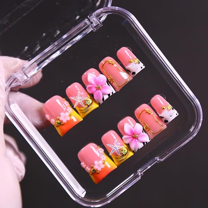 Press On Nails, 10 Pcs Handmade French Duckbill Fake Nails, Reusable Artificial Cute Short False Nails for Women 3D Acrylic Nails Kit (Size L)