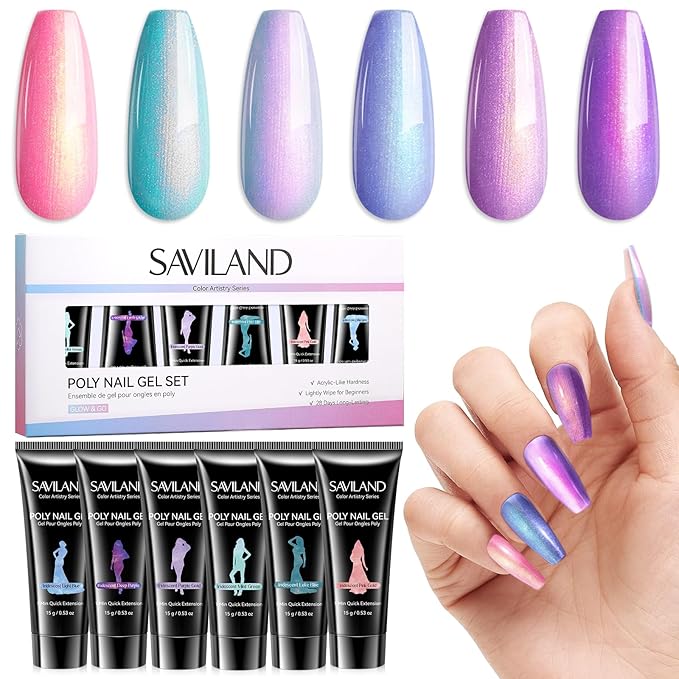 SAVILAND Hema-Free Poly Gel Nail Kit: 6 Colors 28-Day Lasting Poly Gel, Fine Shimmer Pink Blue Purple Poly Extension Gel Nail Kit, Beginner-Friendly for Nourishing Nail Extension Enhancement Home DIY