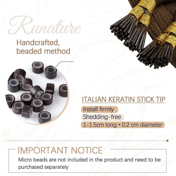 RUNATURE Brown I Tip Hair Extensions Human Hair 100 Strands Itip Hair Extensions Real Soft Hair Cold Fusion Can Be Styled with Heat 16 Inch 50G #4 Medium Brown
