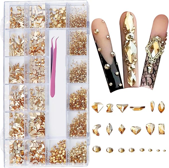 Gold Rhinestones for Nails, 6080Pcs Gold Nail Art Rhinestones Kit, 3D Flatback Crystals Diamonds for Nail Art Design, Mix Sizes Nail Charms and Gems(Tweezers Included)