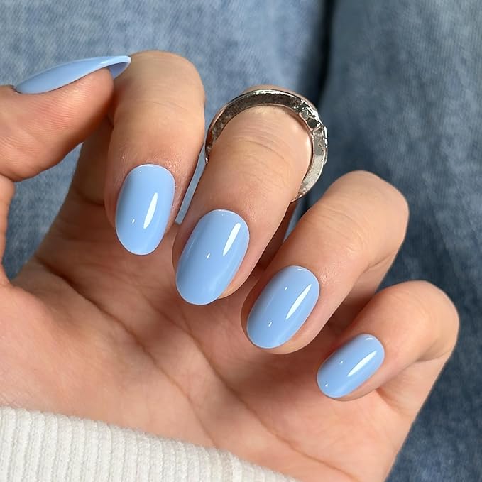 CurvLife Press On Nails Short – 30Pcs Soft Gel Oval Fake Nails, Reusable Glue On Nail Kit with Adhesive Tabs, Natural Fit & Salon-Quality for Women & Girls (Blue Whisper)