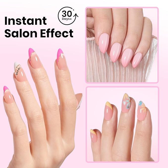 Beetles Tipex Lite Nail Tips Kit with Dehydrator & Primer, Short Almond Full Cover Clear Nails 256PCS 16 Sizes, Mini UV Lamp, 20g Solid Nail Glue, Base & Top Coat, All-in-One Nail Starter Kit
