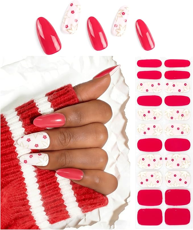 Semi Cured Gel Nail Strips Pink Flower Gel Nail Stickers with UV/LED Required Long Lasting Gel Nail Stickers for Spring Includes 22 Strips 2 Prep Pads, Nail File & Wooden Stick