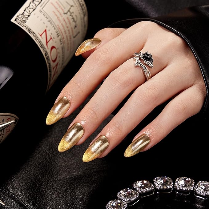 VSALON Press on Nails Medium Almond - Metallic Golden Ombre Cat Eye Glue On Nails for Women, Opaque Sparkle Salon Quality Fake Nails - 32 PCS Stick on Nails in 16 Sizes with Glue & Cuticle Oil