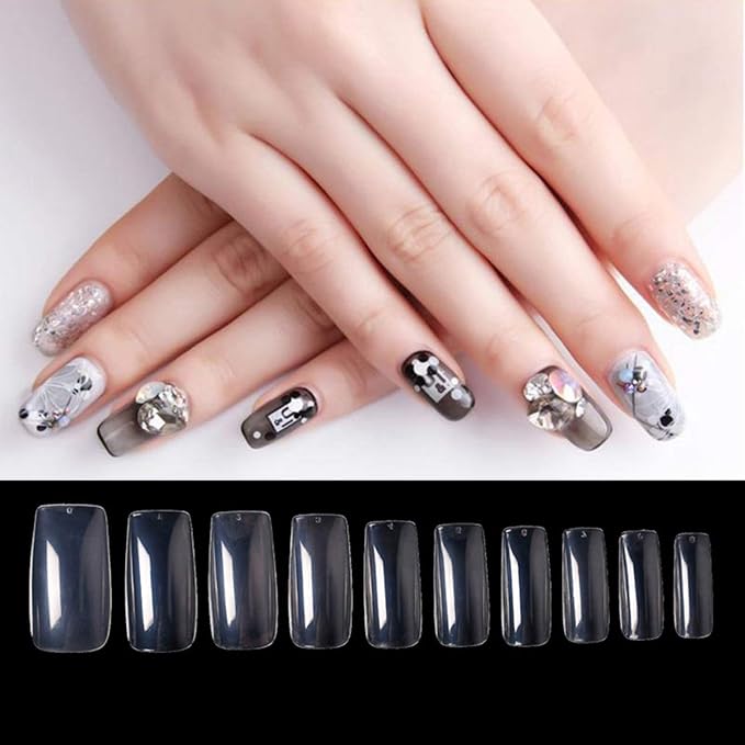 Clear Nail Tips 500pcs Acrylic Full Cover Fake Nails with Storage Case 10 Sizes Long False Nail for Lady Nail Salons and Home DIY Nail Art(Full Cover)