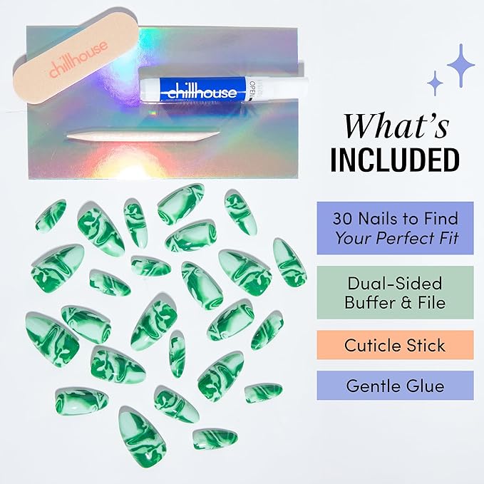 Chillhouse - Chill Tips, Press on Nails Kit - She's A Gem (Almond) - 30 Nail Shapes & Sizes - Up to 2 Weeks of Wear - Customizable Fit - Reusable - Latina Founded & Women Owned - Beauty & Self Care