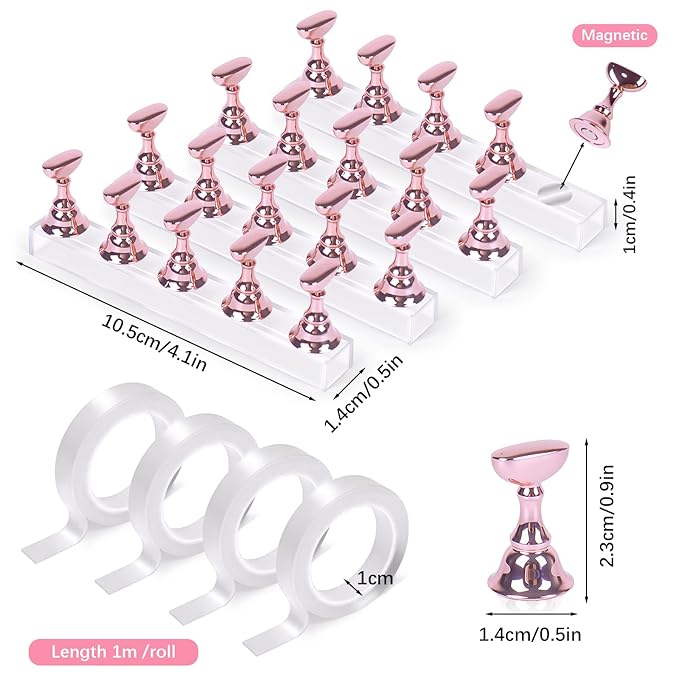 JUSTOTRY 4 Sets Pink Nail Painting Practice Stand With 1M Double-sided Tape Acrylic Fake Nail Art Holder For Press Ons Magnetic Nail Display Design Tools Kit Accessories For Home Diy Salon Supplies
