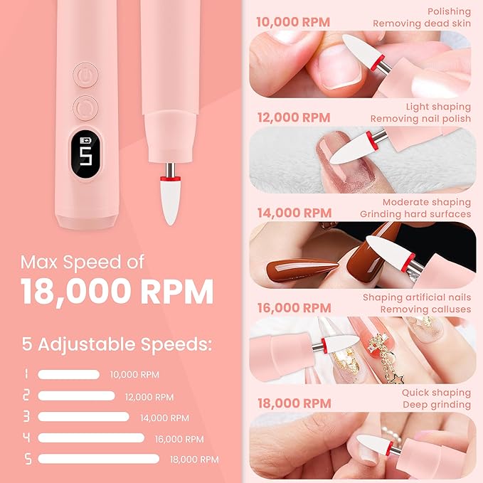 Cordless Electric Nail Drill Kit, Portable Rechargeable Nail Drill Set, Battery Electric Nail File, 5 Speeds Modes, LED Lighting, Reversible Direction, DIY, Professional (Pink)
