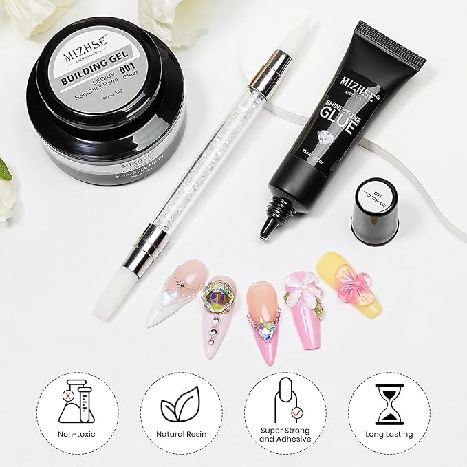 MIZHSE 30g Solid Builder Gel for Nails and 15g Rhinestone Glue, Clear Hard Nail Builder Gel 3D Sculpting Gels Non-Sticky U V LED Nails Charm Glue 3D Art Salon Home DIY