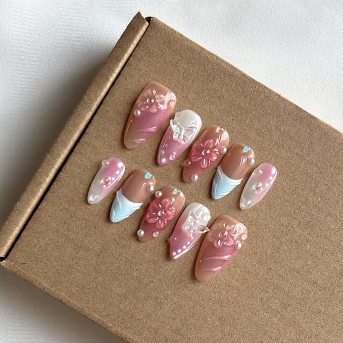 Press On Nails Medium Almond Nails, Handmade 3D Design Fake Nails with Thick Acrylic Multi-Layer Gel Nails, Reusable Durable DIY Artificial Nails for Women (10 Pieces)